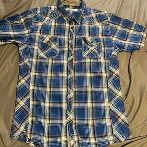 BKE Men's Navy and Cream Plaid Button Down Shirt